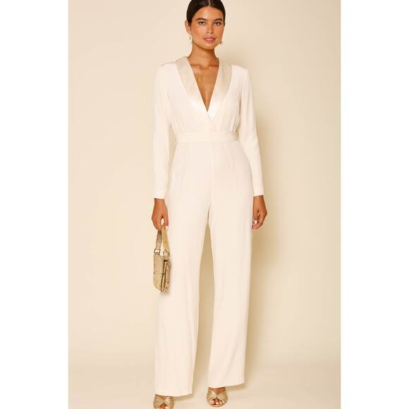 RIXO Fully Lined Bridal Emilia Silk Crepe Jumpsuit Long Sleeve Ivory Size 8